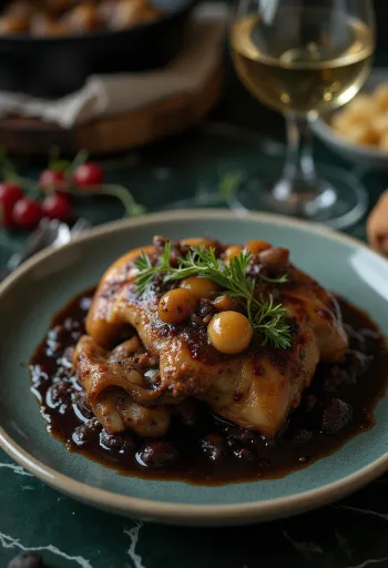 Coq au Vin servírované s čerstvou petrželkou a chlebem
