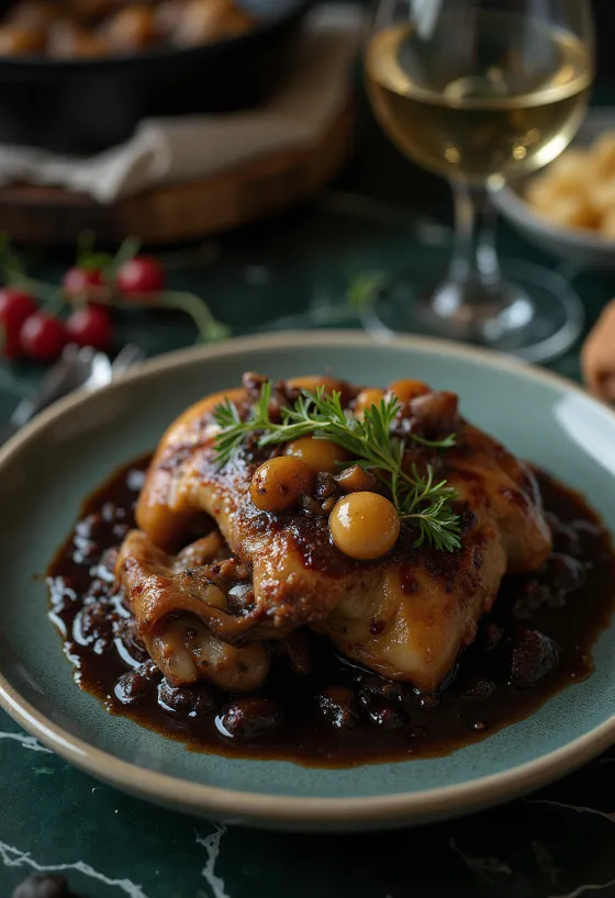 Coq au Vin servírované s čerstvou petrželkou a chlebem