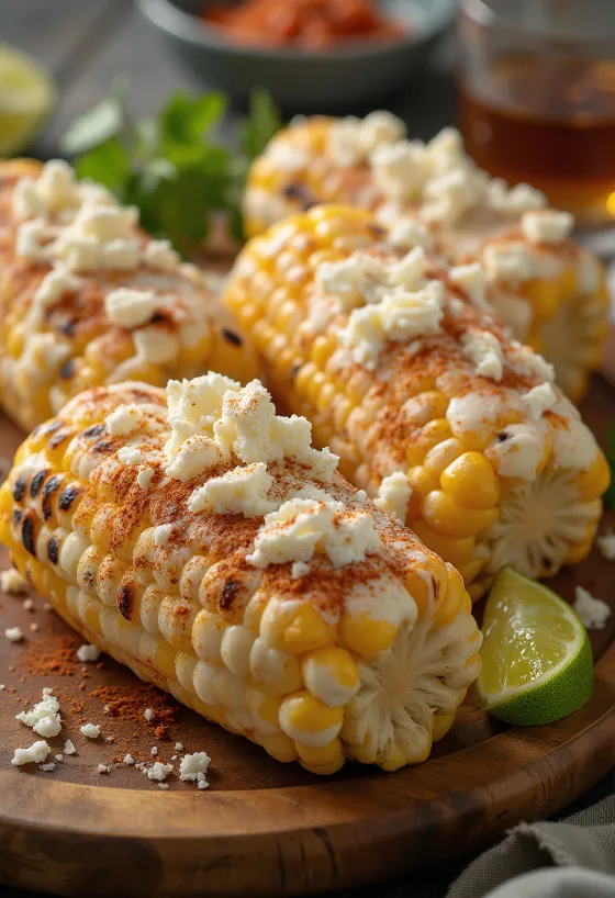 Elote se zakysanou smetanou, čerstvě podávané, s kořeněnou kukuřicí a parmazánem.