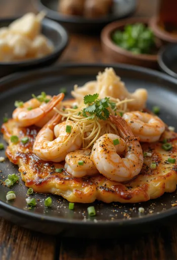 Okonomiyaki připravené s krevetami podávané s okonomiyaki omáčkou a bonito vločkami