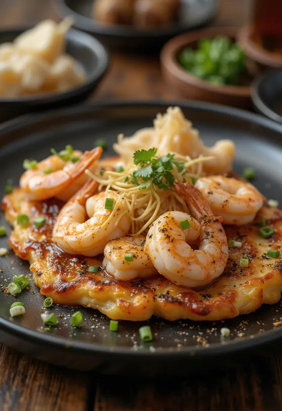 Okonomiyaki připravené s krevetami podávané s okonomiyaki omáčkou a bonito vločkami