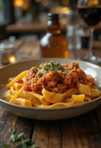 Králičí ragú podávané s těstovinami pappardelle a ozdobené čerstvým rozmarýnem
