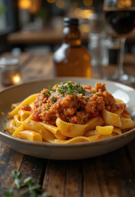 Králičí ragú podávané s těstovinami pappardelle a ozdobené čerstvým rozmarýnem