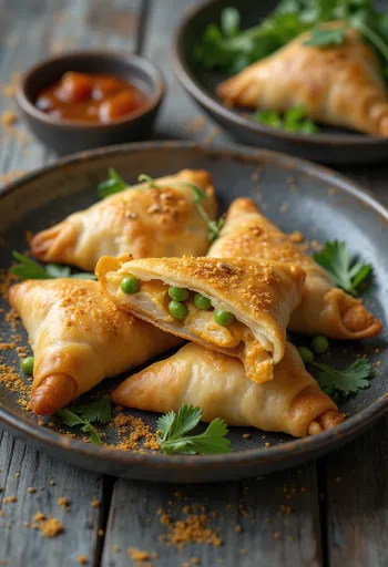 Samosa s kuřecí náplní, podávaná s čerstvým koriandrem