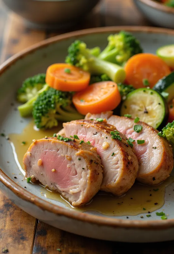 Vepřová panenka s dušenou zeleninou při podávání