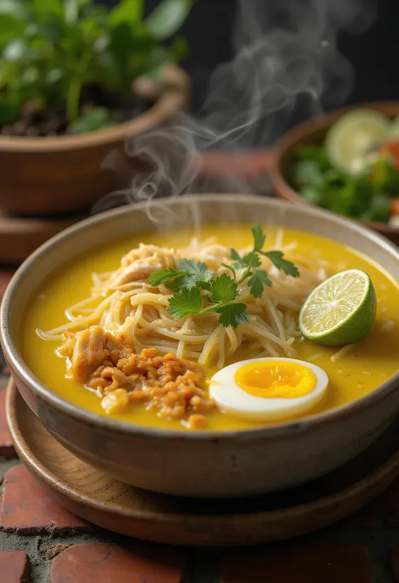 Soto ayam s koriandrem, indonéská kuřecí polévka s kokosovým mlékem a čerstvým kořením