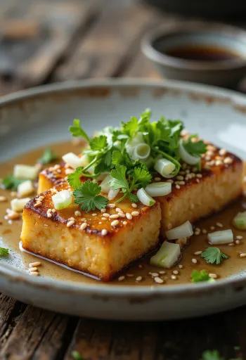 Tofu steak se sezamem, zdobený čerstvým koriandrem