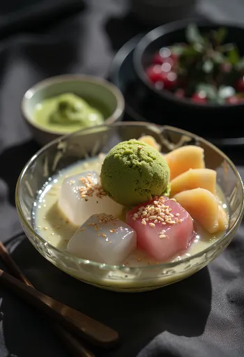 Anmitsu servírované s ovocem, anko a zmrzlinou matcha