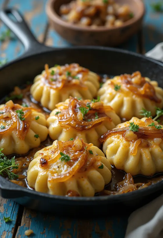 Křupavé dödölle podávané se zakysanou smetanou a osmaženou cibulí