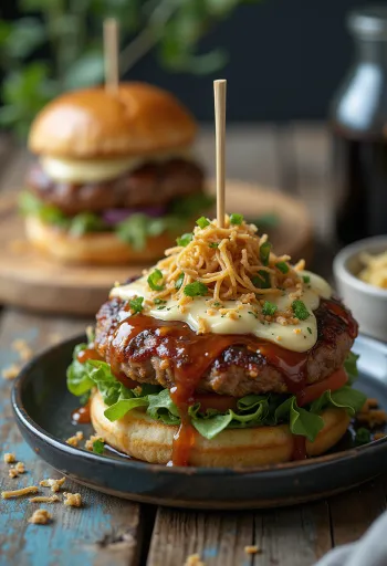 Japonský hamburger s omáčkou teriyaki a wasabi majonézou