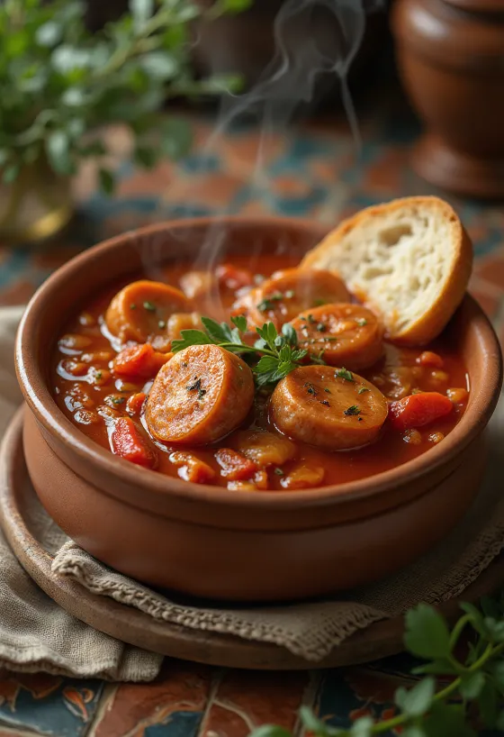 Lečo s klobásou podávané s čerstvou paprikou, rajčaty a uzenou klobásou