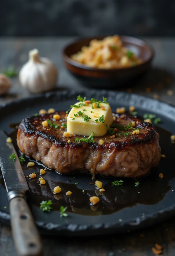 Grilovaný hovězí steak podávaný s čerstvým salátem a pečenými bramborami