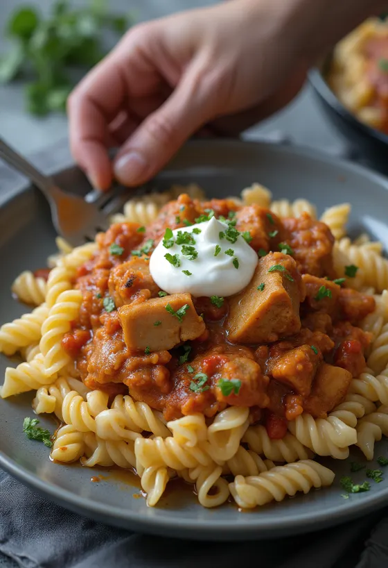 Perkelt podávaný s těstovinami a zakysanou smetanou