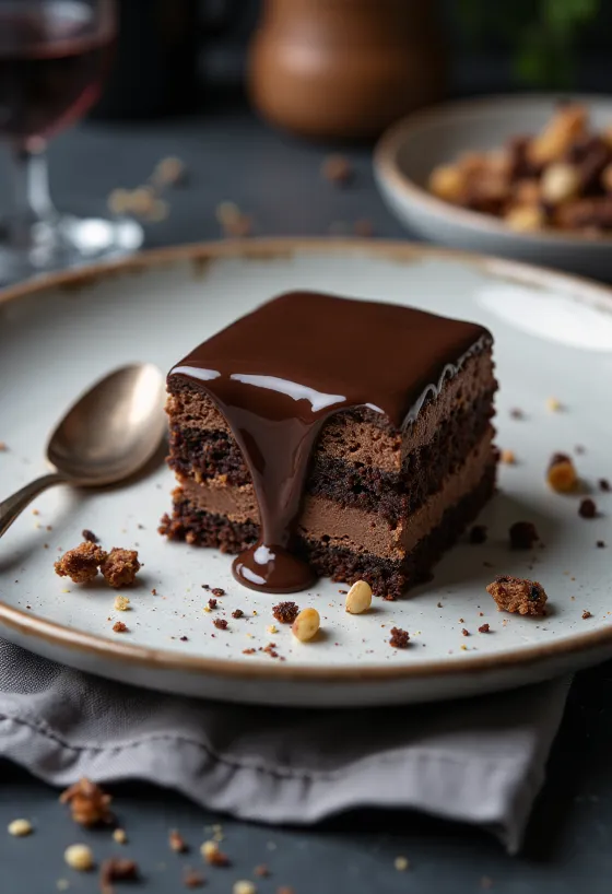 Řez čokoládového dortu Rigó Jancsi na bílém talíři