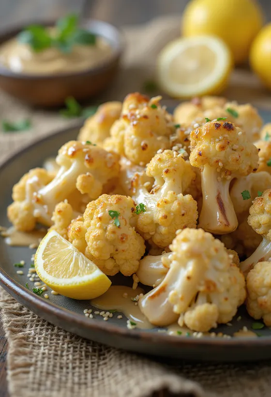 Salát z pečeného květáku s tahini dresinkem, podávaný s čerstvou petrželkou a praženými sezamovými semínky.