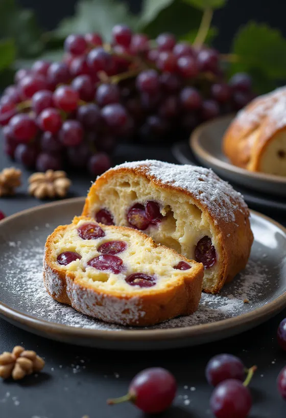 Hroznová štola nakrájená na plátky, posypaná moučkovým cukrem