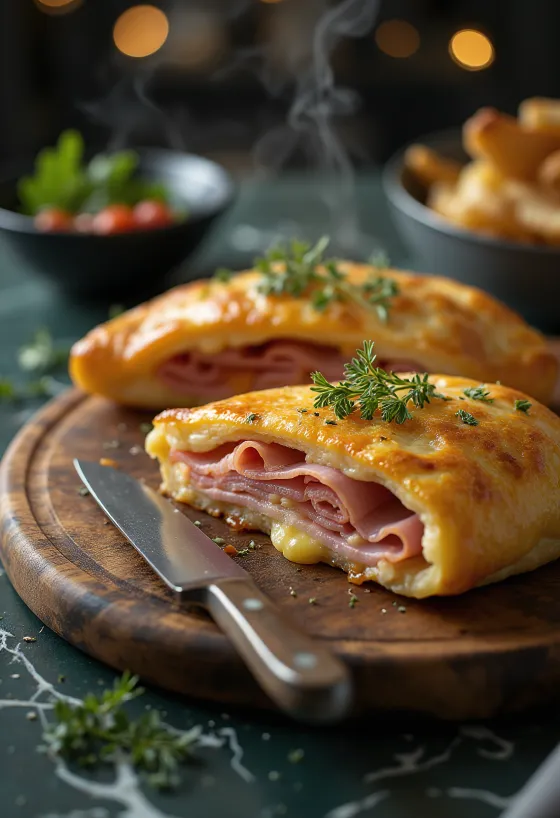 Tradiční calzone plněné šunkou a sýrem, rozkrojené napůl