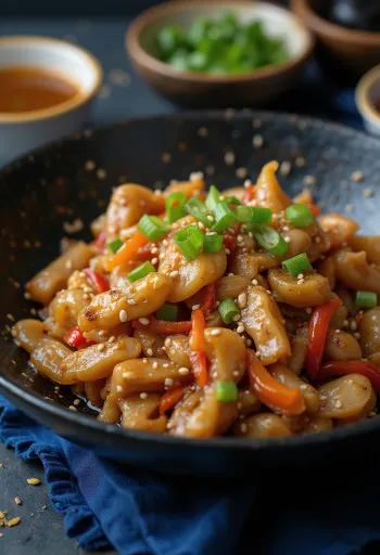 Krokodýlí stir-fry podávané s rýží a zeleninou.