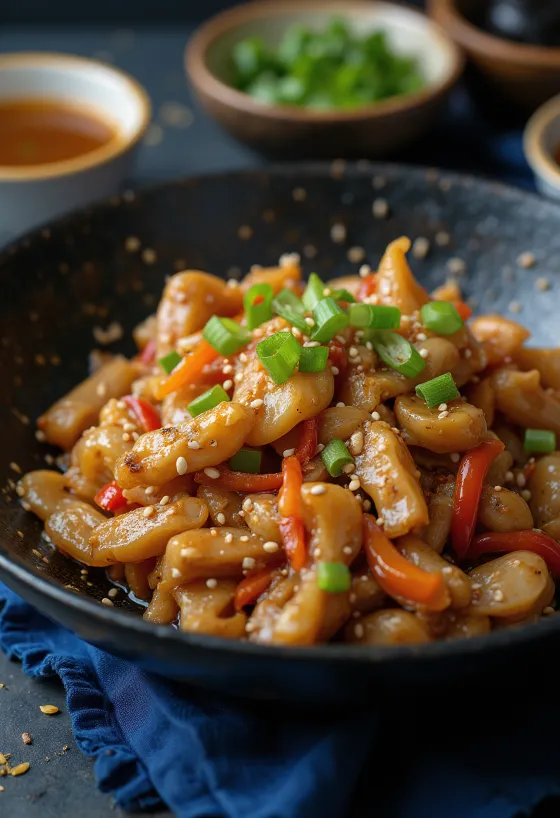 Krokodýlí stir-fry podávané s rýží a zeleninou.