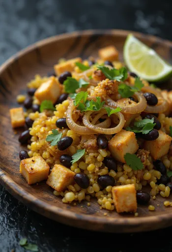 Feijão Tropeiro s tofu, podávané s čerstvou jarní cibulkou