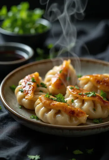 Gyoza knedlíčky s kuřecím masem, jemné a kořeněné, čerstvě připravené