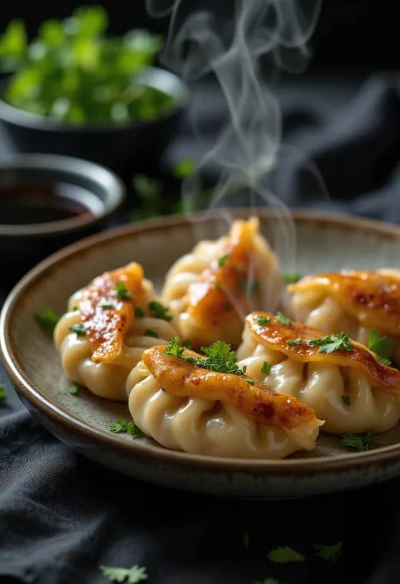 Gyoza knedlíčky s kuřecím masem, jemné a kořeněné, čerstvě připravené
