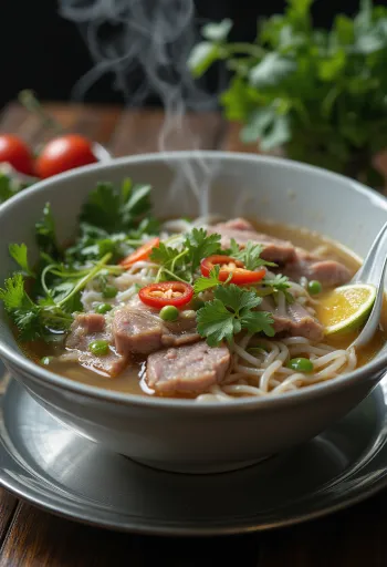 Klasické pho podávané v misce, hovězí polévka s rýžovými nudlemi, čerstvým koriandrem a plátky limetky
