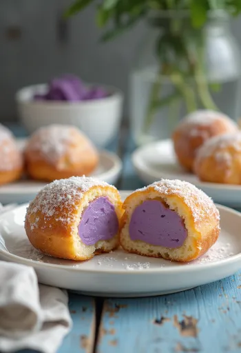 Malasada s taro krémem, křupavé kuličky plněné bohatým taro krémem