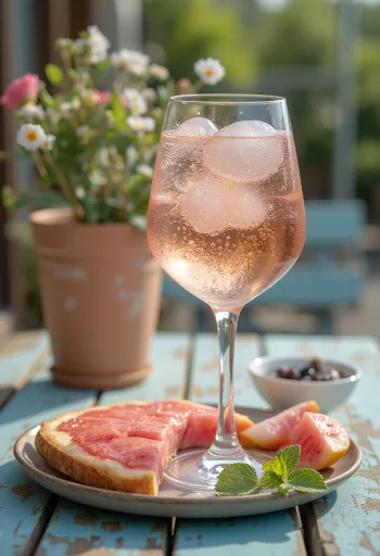 Růžový střik podávaný s plátkem citronu a ledem