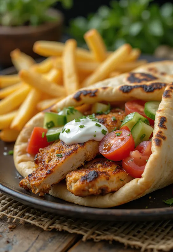 Shawarma podávaná v pita chlebu s čerstvou zeleninou