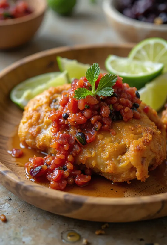 Ayam Geprek, smažené kuře drcené s chilli pastou