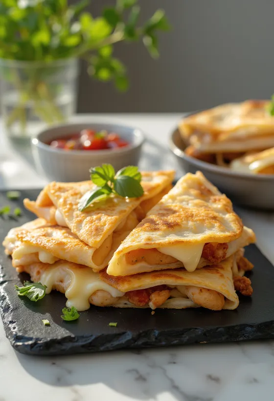 Kuřecí quesadilla pečená dozlatova, podávaná s rozteklým sýrem a čerstvými bylinkami