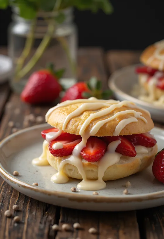 Bao bun s jahodami a bílou čokoládou servírovaný
