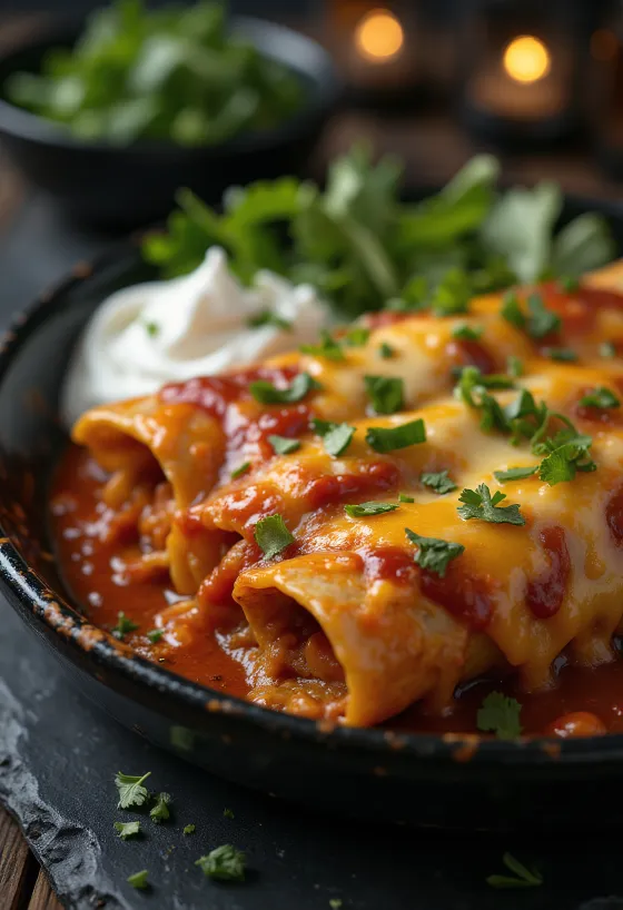 Enchilada, podávaná s kořeněnou rajčatovou omáčkou, strouhaným sýrem a čerstvým koriandrem