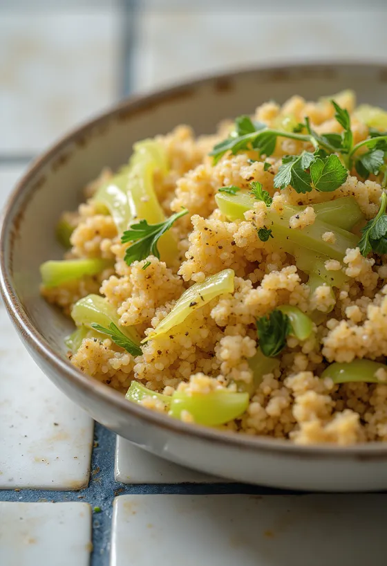 Kořeněný bulgur s kapustou podávaný na talíři