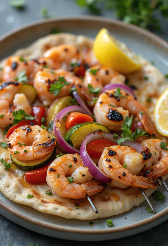 Karides Kebab s grilovanými krevetami a zeleninou