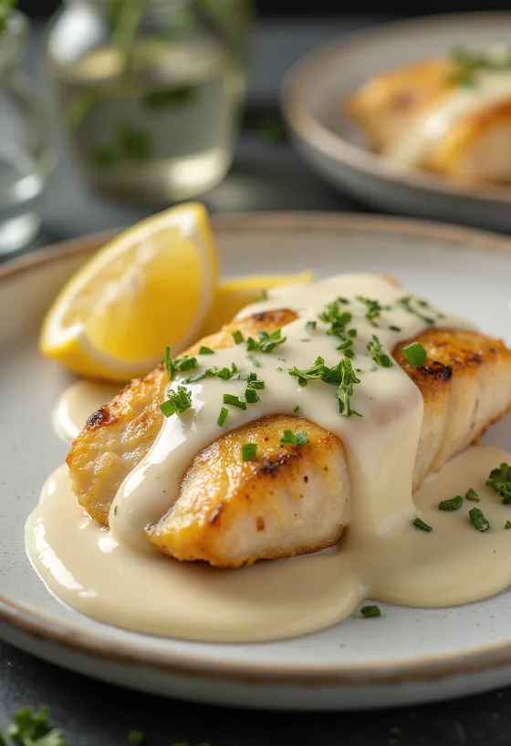 Ryba na roštu s česnekovou omáčkou podávaná na talíři