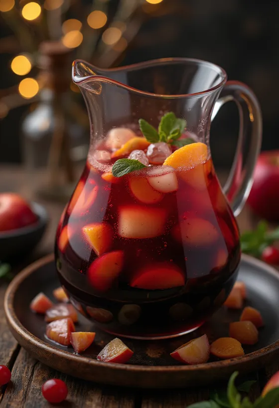 Sangria podávaná s čerstvým ovocem a kostkami ledu