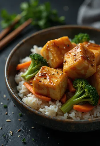 Pečené tofu podávané se zeleninou a rýží