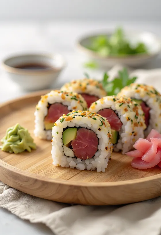 Sushi s tuňákem podávané s čerstvou zeleninou a sójovou omáčkou