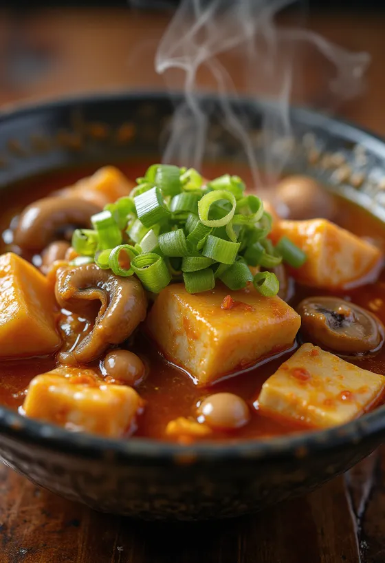 Pikantní tofu Yukgaejang polévka podávaná s houbami enoki a zeleninou