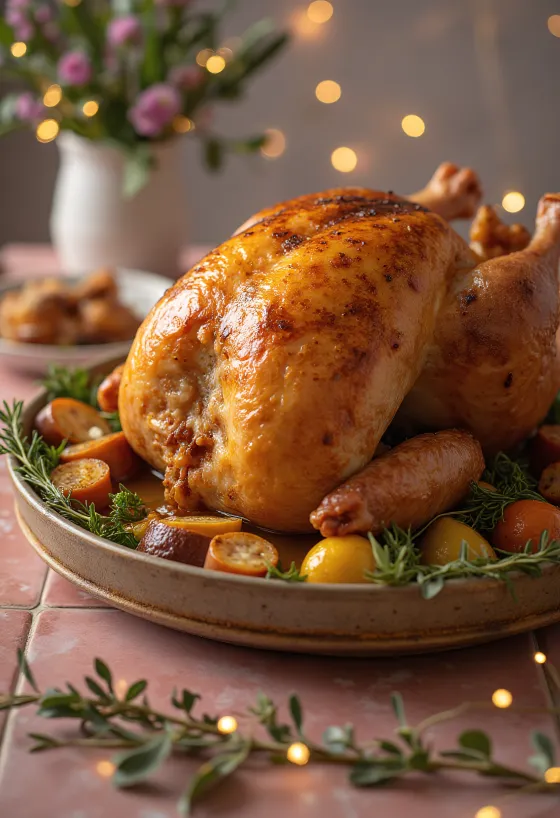 V troubě pečená plněná krůta s křupavou kůží a bohatou nádivkou.