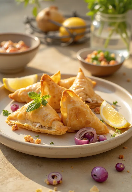 Samosa s tuňákem a červenou cibulí v křupavém těstě