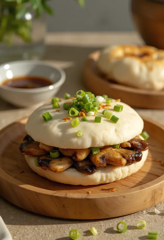 Vegetariánské bao plněné tmavou houbovou směsí