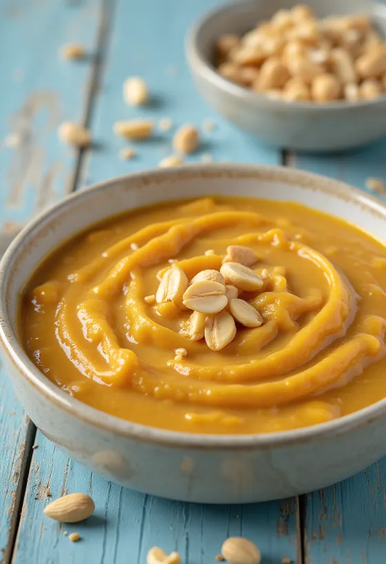 Arašídová omáčka s kari servírovaná v misce s čerstvým koriandrem.