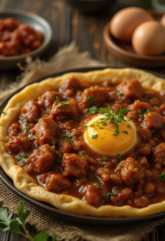 Doro Wat servírované s vejcem natvrdo a plackami injera
