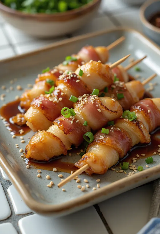 Houby Enoki zabalené ve slanině, napíchané na špízu, posypané sezamovými semínky