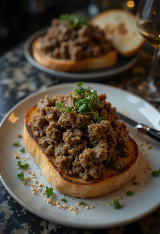 Haggis na toastu, kořeněný haggis podávaný s čerstvou petrželkou