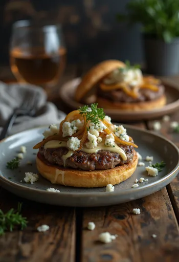 Hamburger s modrým sýrem, šťavnatou masovou plackou a výrazným modrým sýrem