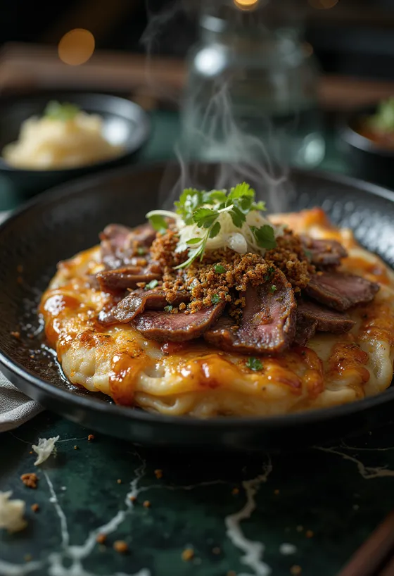 Okonomiyaki připravené s hovězím masem podávané s okonomiyaki omáčkou a bonito vločkami